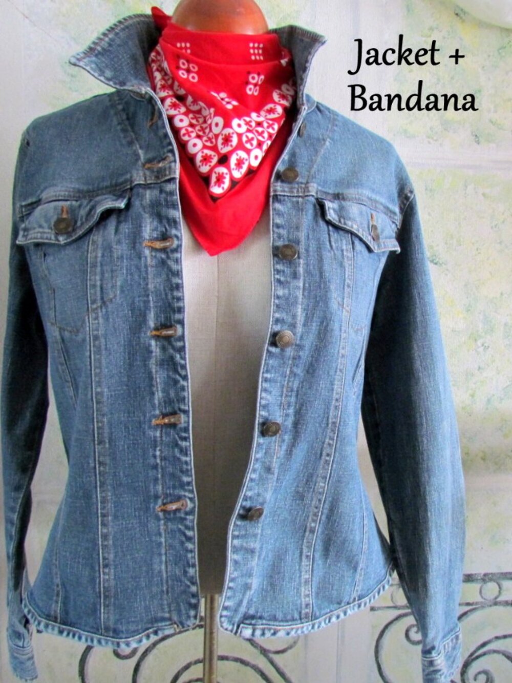 DENIM JACKET, L, + RED BANDANA SCARF, WILL SMITH WOMEN'S BLUE JEAN STRETCH COAT
